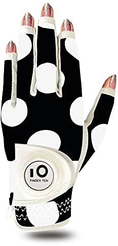 FINGER TEN Golfhandschuhe Damen Leder Links Rechts Hand Golfhandschuh Golf Handschuhe mit Ball Marker Wert 1 Stück Handschuh, Rain Grip Griff Linke Rechte Golfer (Weißer Punkt, M, Links)