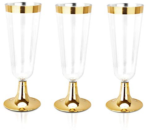 bUCLA 100 Pack Gold Plastic Champagne Flutes - 5OZ Plastic Champagne Glasses With Gold Rim - Premium Quality Gold Disposable Cups-Ideal for Thanksgiving Party, Weddings