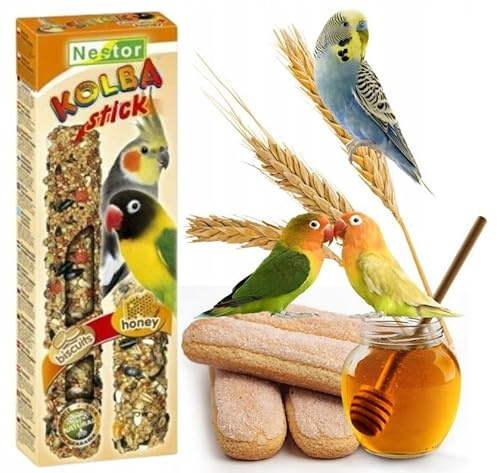 Twin Pack Cockatiel/Large Parrot HONEY and BISCUITS 2in1 Seed 2x Sticks for Parakeets Parrots Canaries 115g Bird Food Budgie Canary Finches Birds Cockatoo Treats Conures Snacks Pack of Two + Hooks