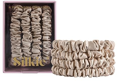 SILKIE 4er-Set 100% reine Maulbeerseide Champagne-farbene dünne Haargummis mit Reisebeutel, Haargummis für jeden Tag, Haarpflege, Pferdeschwanzhalter, ohne Haarschäden (Champagne)