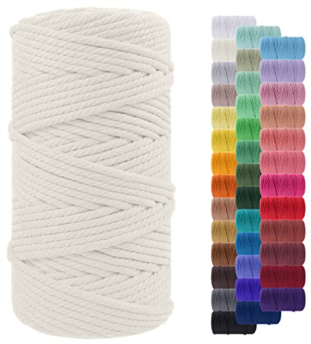 LEREATI Macrame Cord 5mm x 100m, Thick Macrame Rope Yarn Natural Cotton Cord, 4 Strand Twisted Colored String for Wall Hanging Plant Hanger DIY Crafts Boho Decor (Natural)