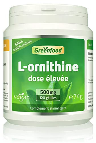 Greenfood L-ornithine, 500 mg, dose élevée, 120 gélules - acide aminé important. Produit par fermentation naturelle. SANS additifs artificiels, sans organisme génétiquement modifié. Vegan
