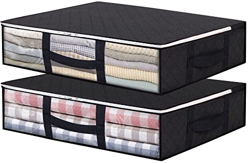 Vieshful 2 Pack Underbed Storage Bags 40L Foldable Clothes Bag Large Capacity Storage Containers with Clear Window Reinforced Handles Zippered Organizer for Comforters Blankets Bedding, Black