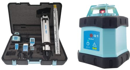 hedue® Laser rotante Q1 – laser rotativo autolivellante con raggio laser rosso, in valigetta grande (con treppiede, telecomando, ricevitore laser, piastra di livellamento, caricabatterie)