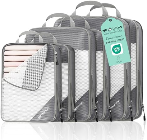 NICOSHOW 6 Set Compression Packing Cubes for Travel - Compressible, Lightweight, and Space-Saving Packing Cubes, Travel Essentials for Women, Grey