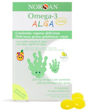 NORSAN Omega 3 Vegano para Niños en Gominolas – 45 Gummies con Aceite de Algas con EPA y DHA – 220 mg por Gominola Sabor Tutti Frutti - Sin Azúcares Añadidos