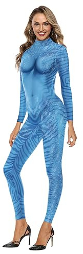 Shukqueen Womens Omaticaya Princess Cosplay Blue Jumpsuit Halloween Performance Bodysuit Cosplay Costume
