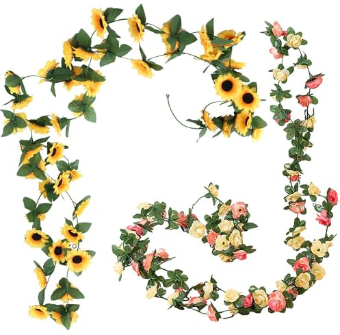DHSBGWSX Lot de 2 guirlandes de fleurs artificielles en rotin, tournesol artificiel, vigne de pivoine artificielle, décoration de jardin de mariage