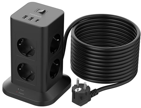TESSAN Mehrfachsteckdose Überspannungsschutz mit Verlängerungskabel 10M, 8 Fach Steckdosenleiste mit USB C und 2 USB A, 3600W 16A Steckerleiste, Steckdosenturm Verteilersteckdose für Zuhause, Schwarz