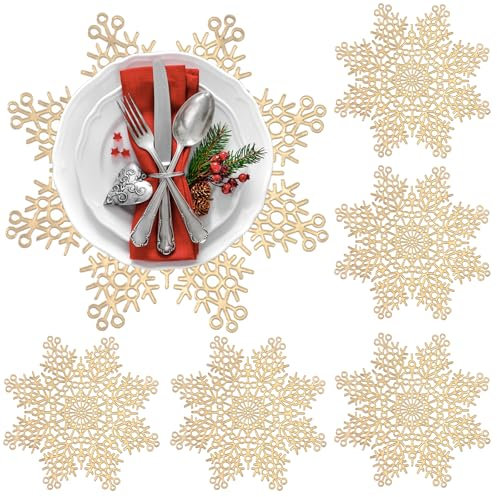 Juego De 6 Manteles Individuales para Navidad, 38 * 38cm Manteles Individuales Copo de Nieve Manteles Individuales Redondos Diseño Hueco Manteles Individuales de Cocina para Boda en Navidad (Oro)