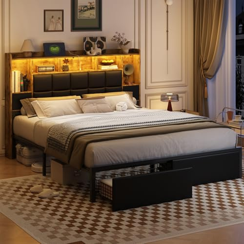 TIGUBFRE LED Bed Frame King Size with Bookshelf PU Leather Headboard, 2 Hidden Storage Drawers, Upholstered Platform Bed with Charging Station, Metal Slats Support, Noise Free, No Box Spring Needed