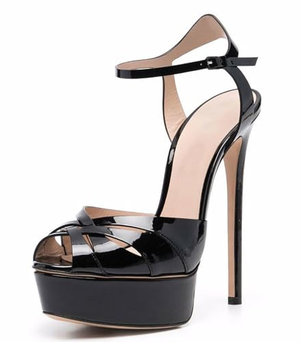 GBBRZKTB Talons Hauts Sandales Talons Aiguilles Brides Croisées Femmes Chaussures Plateforme Bout Ouvert Chaussures Soirée Mariage 15cm,Black-39