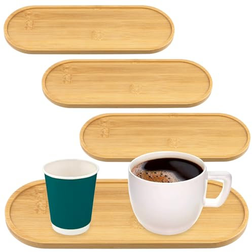 MOUYAT 4 bandejas de bambú de 28 cm, bandejas ovaladas de Madera Natural, Bandeja de Madera Grande, Plato de Servir de Madera para té, café, Frutas, Postre