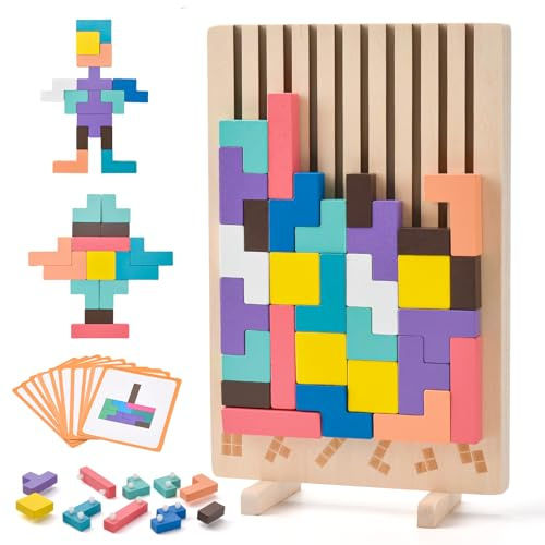 LTFIOON Tetris Juego de madera, rompecabezas de madera de Tetris, juego apilable Montessori, juguete educativo a partir de 3, 4, 5, 6 años, bloques geométricos coloridos, cerebro, juego de