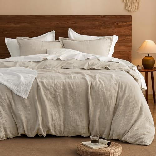 PHF 100% Cotton Muslin Duvet Cover Double Size, 3-Layer Guaze Ultra Soft & Breathable, 3pcs Bedding Comforter Cover Set for All Season, Duvet Set with 2 Pillow Shams, 200x200cm+50x75cm(2), Natural