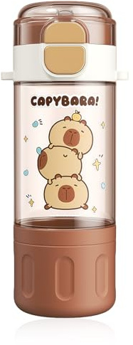 ZenithAura Capibara Botella de Agua con Tapa y Llavero, Botella de Agua con Pajita de Silicona, Vaso y Pico para Beber, Portátil, Resistente al Calor (580ML)