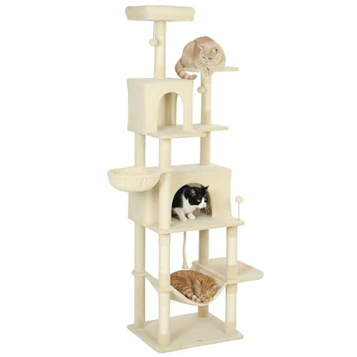 PawHut Árbol Rascador para Gatos, Árbol para Gatos 202 cm, Torre Escalador con Plataformas, 2 Hamacas, 2 Cuevas, 6 Postes de Sisal, 3 Bolas y Cuerda para Jugar, Beige