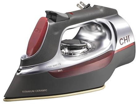 CHI Steam Iron for Clothes with 8’ Retractable Cord, 1700 Watts, 3-Way Auto Shutoff, 400+ Holes, Professional Grade, Temperature Control Dial, Titanium Infused Ceramic Soleplate, Silver (13106)
