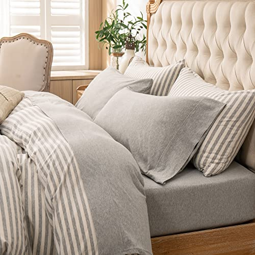 PURE ERA Set di lenzuola in jersey lavorato a maglia, 100% cotone mélange, super morbide, comode, traspiranti, per materassi fino a 50,8 cm con tasca extra profonda (grigio chiaro mélange, queen size)