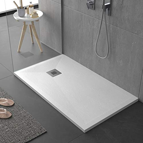 Piatto doccia bianco in mineralmarmo pieno, serie Sierra, slim 3 cm, rivestito di Gelcoat, antiscivolo