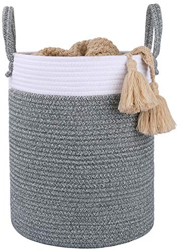 La Jolíe Muse Large Storage Basket - Cotton Rope Laundry Basket with Handle for Diaper Blanket Toy Towel Woven Laundry Basket