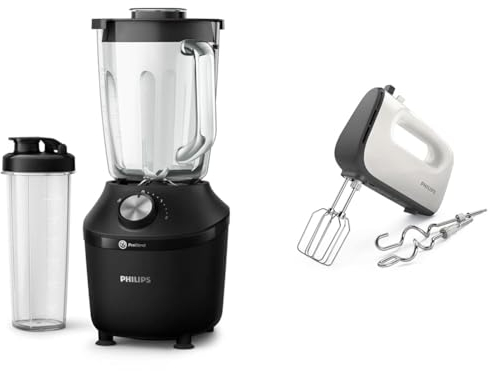 Philips Frullatore per Frullati e Smoothie - 600W, Caraffa da 2L, App di Ricette & Philips 5000 Series Mixer, 450 W, 5 Velocità + Turbo, Facile Montaggio delle Fruste, Grigio/Cashmere (HR3741/00)