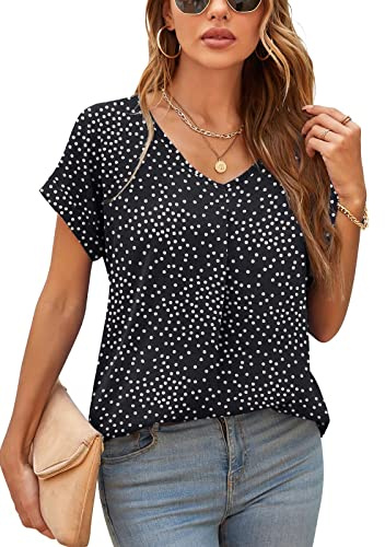Yommay Blusas de verano para mujer, elegantes, informales, de manga corta, de gasa, blusas para mujer, tops, camisetas, negro (lunares), XXL