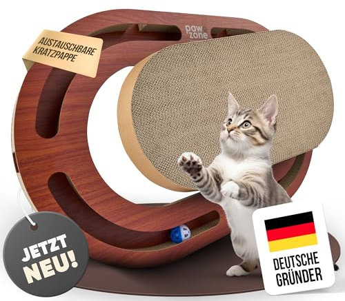 PAWZONE Kratzbrett [72x45 cm] beidseitig nutzbar + Pappe austauschbar [inkl. Katzenspielzeug] hochwertige XXL Kratzpappe in stabilem MDF - Kratzmatte Kratzmöbel Katze Cat Scratcher Katzenzubehör