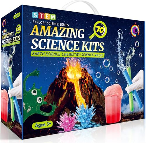 Science Experiments for Kids, 70 Science Kits for Kids Age 4-6-8-10-12, STEM Chemistry Set Erupting Volcano Kit, Crystal Growing, Bouncy Ball, Educational Toys Lab Gifts for 5 6 Year Old Boys Girls