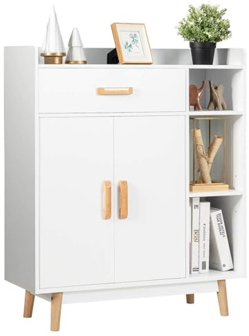 KOMFOTTEU Wohnzimmerschrank Mehrzweckschrank Weiß, Aufbewahrungsschrank mit Doppeltür Schublade, Beistellschrank mit 3 Einlegeböden, Kommode Sideboard 80x30x95 cm