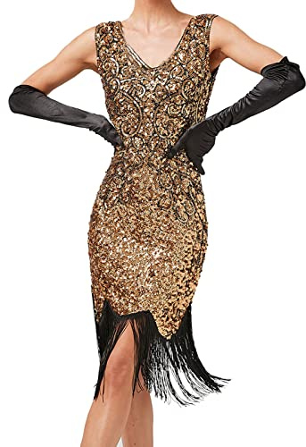 KBOPLEMQ Costume des années 20 pour femme - Robe Charleston - Robe garçonne - Robe Gatsby - Accessoires des années 20 - Costume de mafia vintage pour femme - Avec paillettes - Perles et franges - Bas