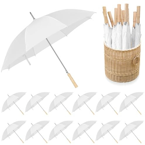 Cosblank 12 Pcs Wedding Umbrellas Bulk, 41 Inch Wedding Stick Umbrellas with Wooden Handle(White)
