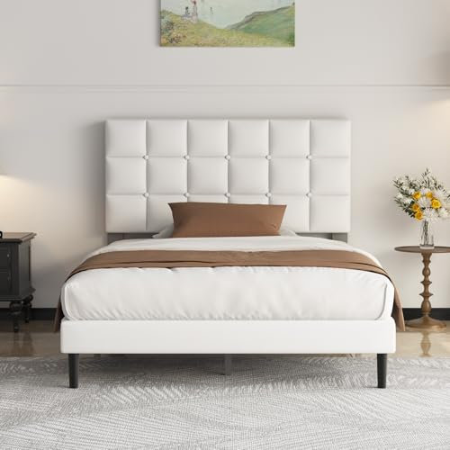 Yocreat Polsterbett 90x200cm Einzelbett, Bettrahmen mit Kopfteil und Lattenrost, Höhe 30 cm Bettgestell, Weiß