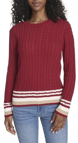 Tommy Hilfiger Suéter Trenzado de algodón con Cuello Redondo para Mujer, Carmesí Multicolor, M