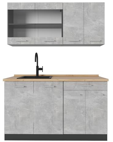 Vicco Küchenzeile R-Line, Beton, 140 cm, AP Eiche, zur flexiblen Erweiterung mit weiteren Modulen geeignet
