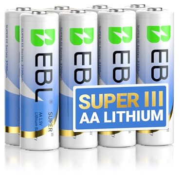 EBL 8 x 3700mAh Pilas AA Litio 1,5V, Super Ⅲ Lithium AA Alta Capacidad para Cámara Blink, GPS, Radio, Dispositivos de Alto Consumo (NO Recargable)