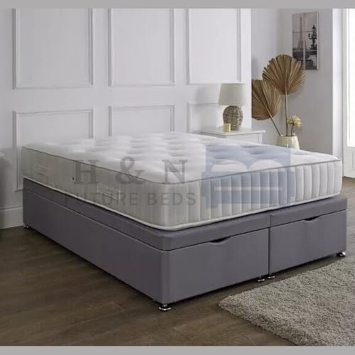 H & N FUTURE BEDS H&N Plush Velvet Hard Divan Ottoman Base with chrome legs | End/Side Lift Storage Bed Base for 3FT, 4FT Double, 5FT King and 6FT Super King (5FT King (Right Hand lift Opening))