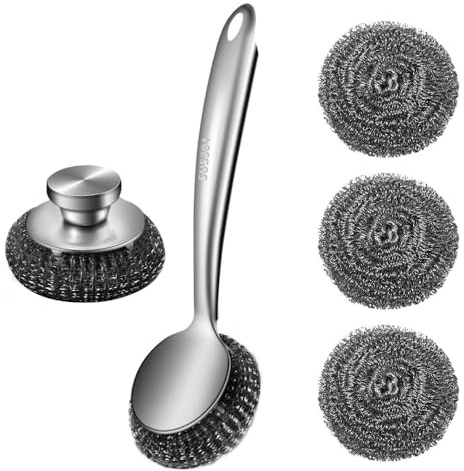 Diskborste i stålull, rostfritt stål för kökskrukor med handtag och 3 ersättningsplattor för rengöring av disk, grate gryta handfat