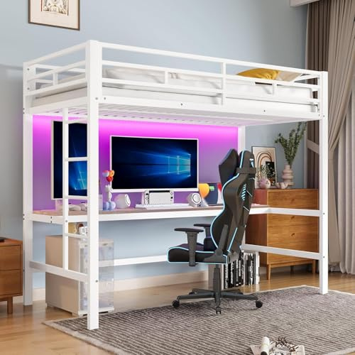 Huayz Cama alta con escritorio de 90 x 200 cm, cuna litera con luz ambiental inteligente, enchufe, conexiones USB y tipo C, marco de cama de metal para niños y adultos