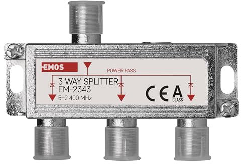 EMOS 3-Wege-Antennenverteiler A-Class - 3-Fach SAT-Splitter mit F-Buchse - voll geschirmt 6 dB - Frequenz 5-2400 MHz - 1 Eingang / 3 Ausgänge - SAT+TV Antennen Fernseh Verteiler mit DC-Durchlass