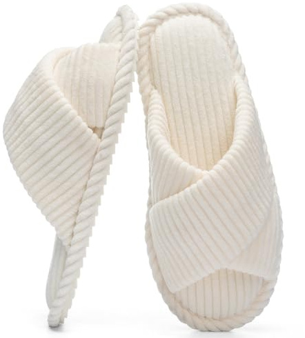 GOEWY Slippers for Women Memory Foam House Bedroom Corduroy Crossbands Open Toe Slides Sandals Shoes Comfy Trendy Gift for womens Anti-Skid sole