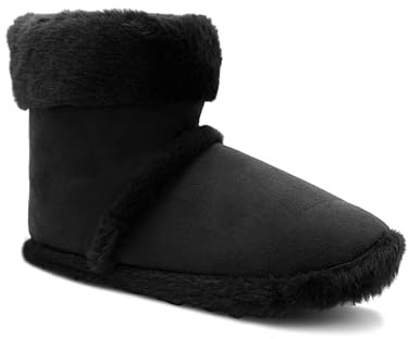 Womens Ankle Slipper Boots Warm Lined Faux Fur Winter Booties Ladies Lightweight Cosy Plush Fur Indoor House Shoes (Black, XL, UK Footwear Size System, Adult, Women, Numeric Range, Medium, 7, 8)