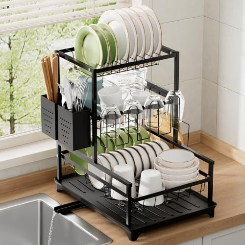 Warmiehomy 3 Tier Dish Drainer Rack, Stainless Steel Draining Board Rack with Chopping Board & Cutlery & Cup Holder, 360° Drain Spout, Black