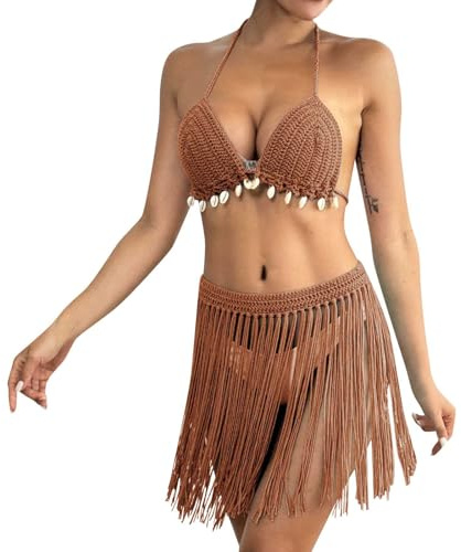 Bikini da donna, costume da bagno a mano, set da due pezzi, top bikini con frange patchwork e gonna, marrone, Taglia unica