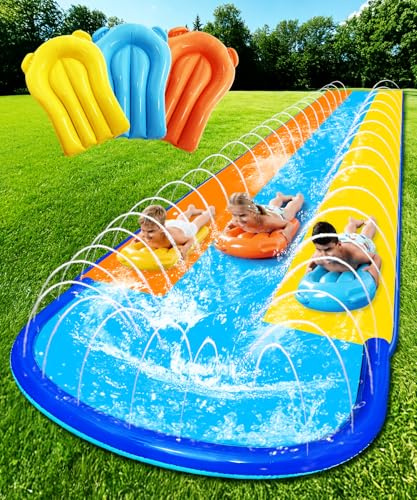 CVICOE Triple Water Slide with 3 Bodyboards, 22.5ft x 80in Extra Long Wide 3-Lane Slip and Slide with Upgraded Surround Sprinkler System, Thickened PVC Water Slides for Kids Backyard Home Outdoor Fun