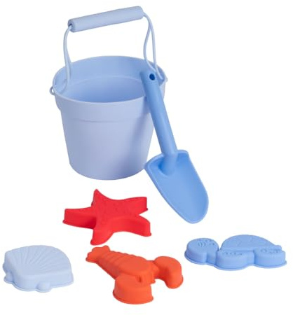 Flamingueo Set Secchiello e Paletta - Giocattoli da Spiaggia Per Bambini - 4 Stampini Inclusi - Borsa da Trasporto - SIlicone - Blu
