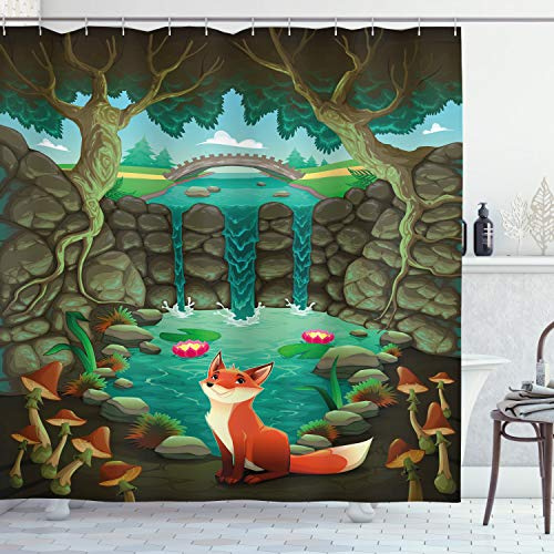 Ambesonne Cartoon Shower Curtain, Fox Near The Pond Mushrooms Waterlilies and a Waterfall Illustration, Cloth Fabric Bathroom Decor Set with Hooks, 69 W x 70 L, Green Forest