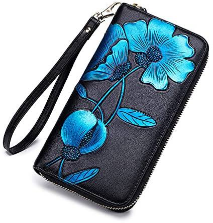 FORRICA Portefeuille Femme Cuir Grande Capacite Porte Monnaie Porte-chéquiers Porte-Cartes Dessin PU Cuir RFID Blocage Portefeuille Dames Long Portefeuille Bleu