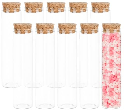 BENECREAT 10 Pack 60ml Glass Test Tube with Cork Stopper Clear Flat Mini Glass Bottles Jars for Wedding Party Favors, Candy, Spices, Beads, Mother's Day Home Decor