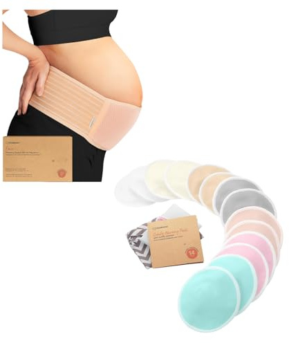 KeaBabies Maternity Belly Band for Pregnancy and Reusable Nursing Pads - Soft & Breathable Pregnancy Belly Support Belt - 14 Washable Breastfeeding Pads + Wash Bag